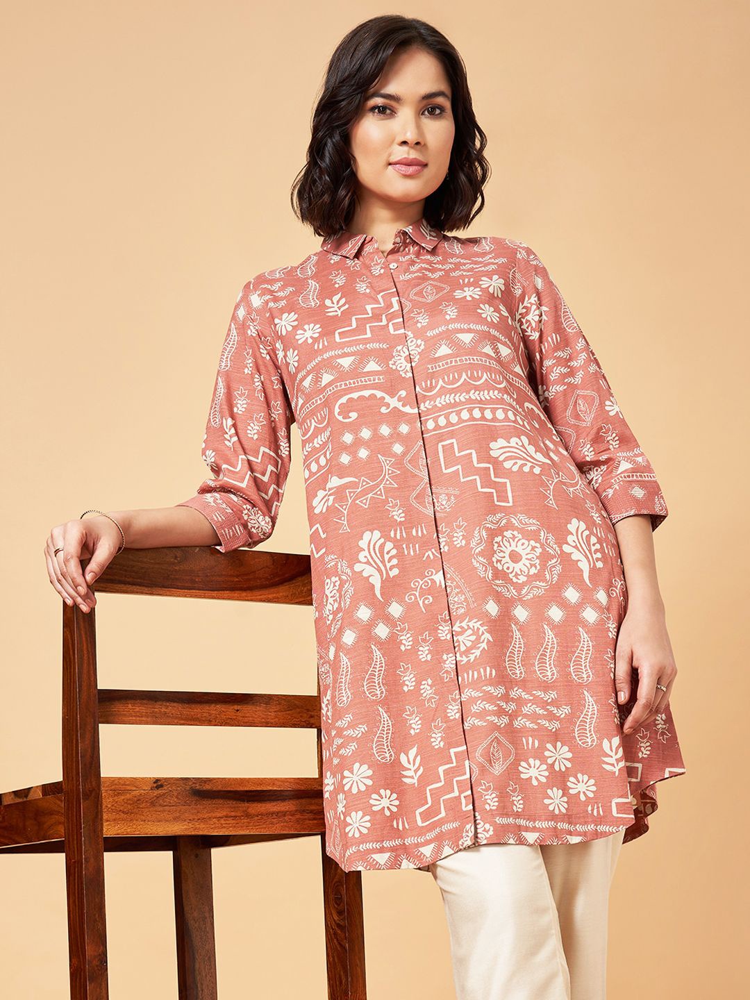 

Marigold Lane Shirt Collar Printed Tunic, Tan