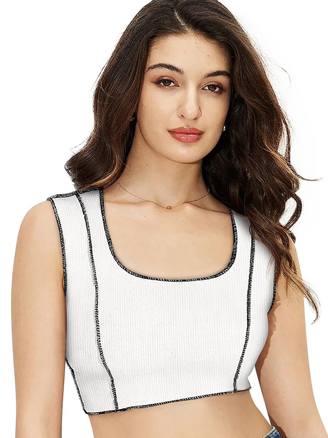 

SANJANA SILK Women Solid Scoop Neck Cotton Top, White