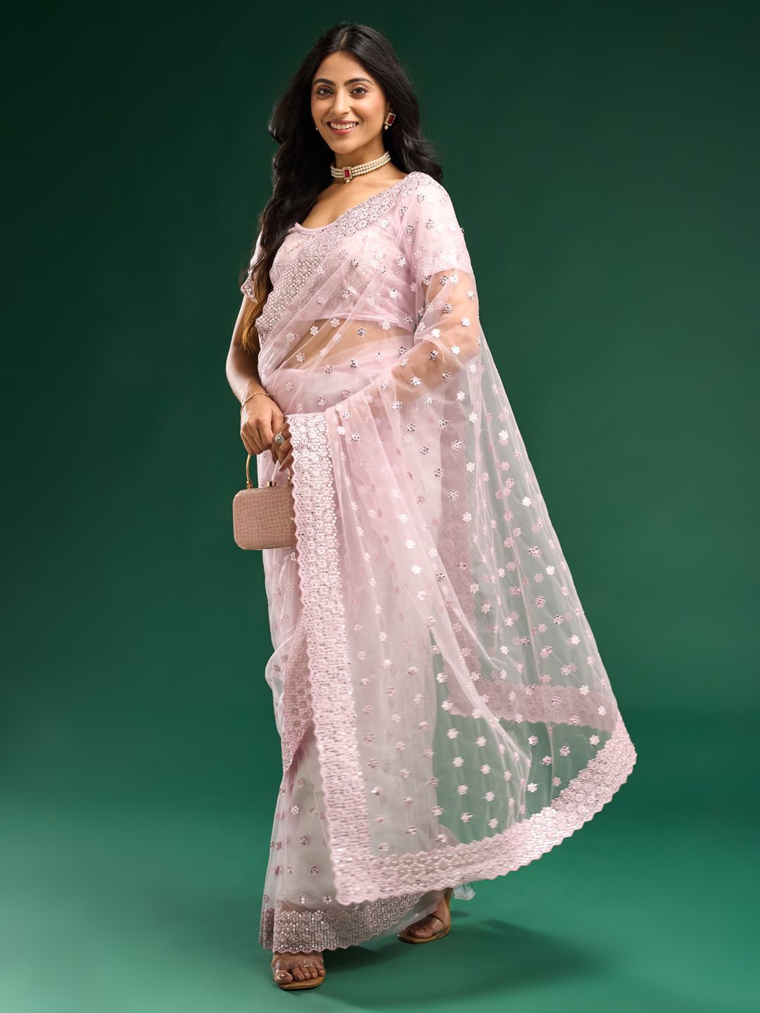 

kasee Floral Embroidered Net Saree, Pink