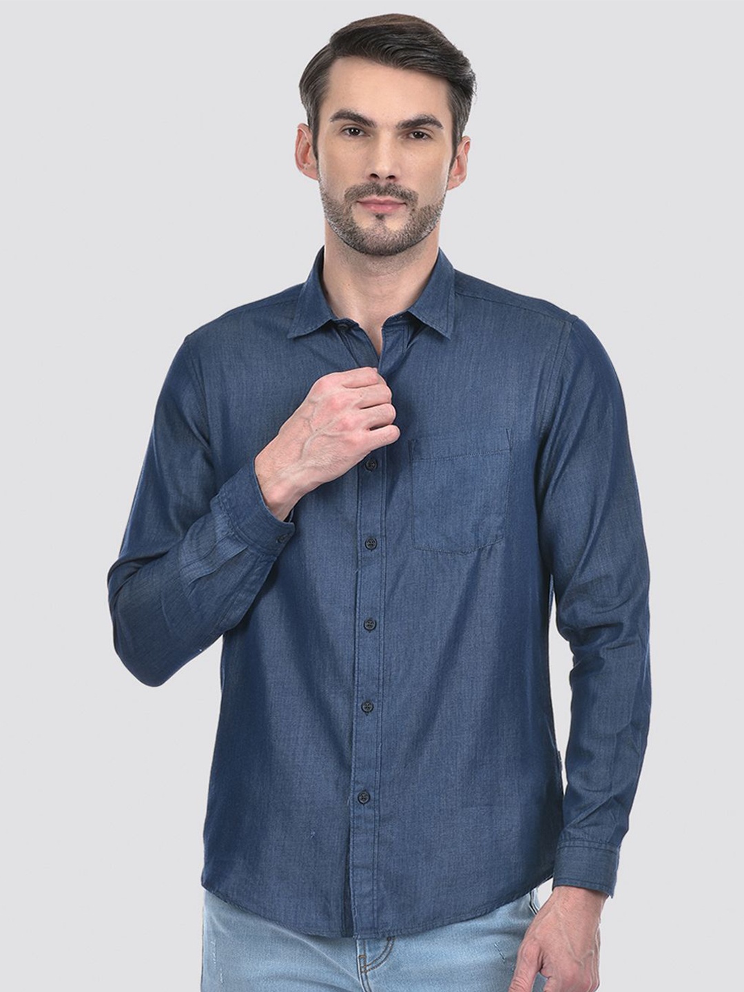 

Numero Uno Men Spread Collar Solid Cotton Slim Fit Casual Shirt, Blue