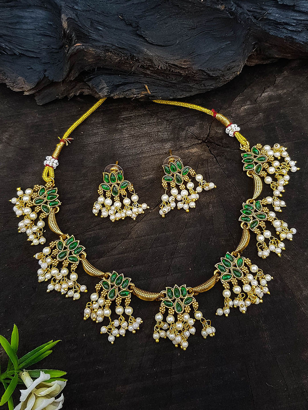 

GRIIHAM Gold-Plated CZ-Studded & Beaded Jewellery Set