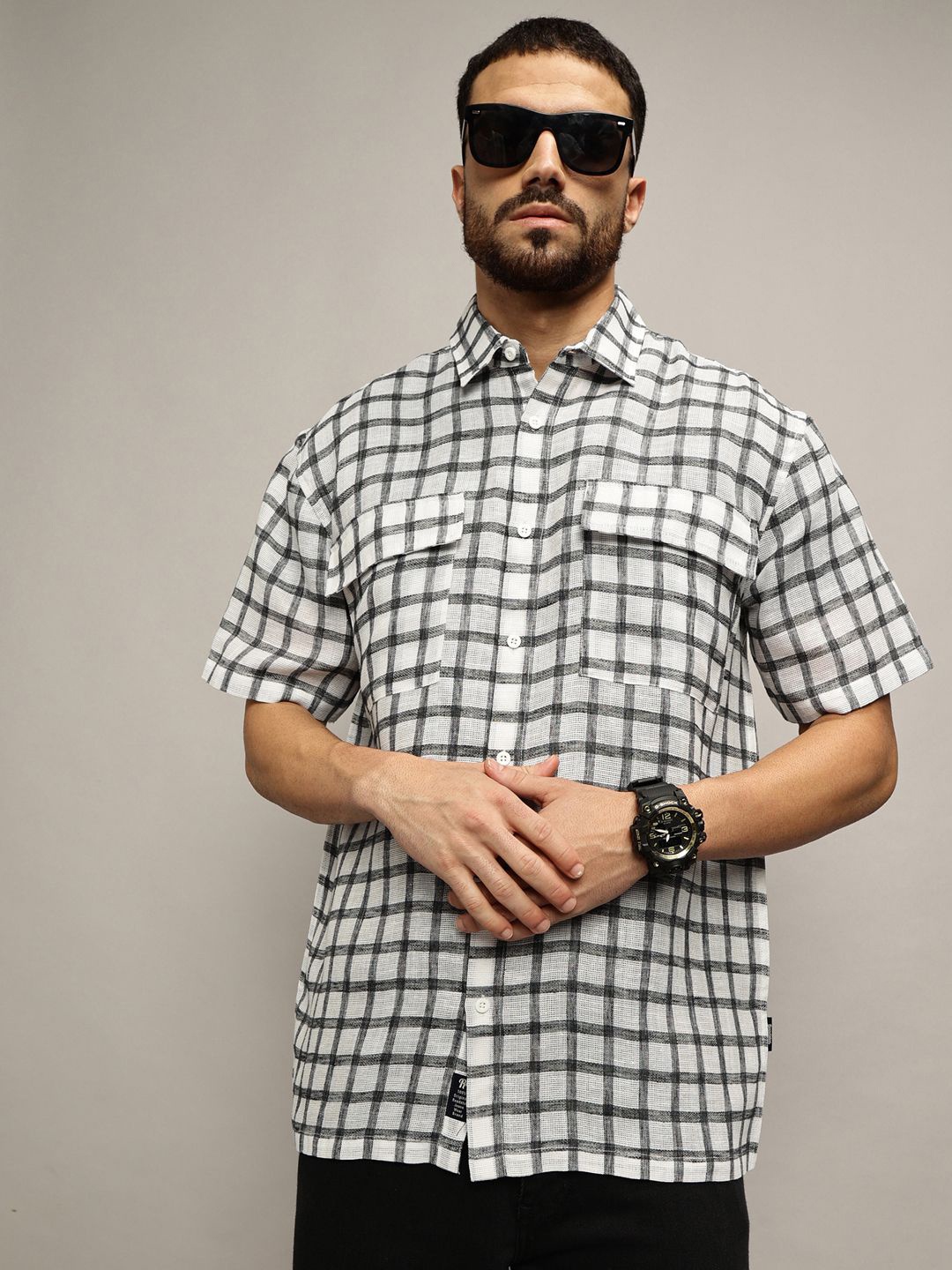 

The Lifestyle Co. Men Premium Spread Collar Checked Cotton Oversized Casual Shirt, White