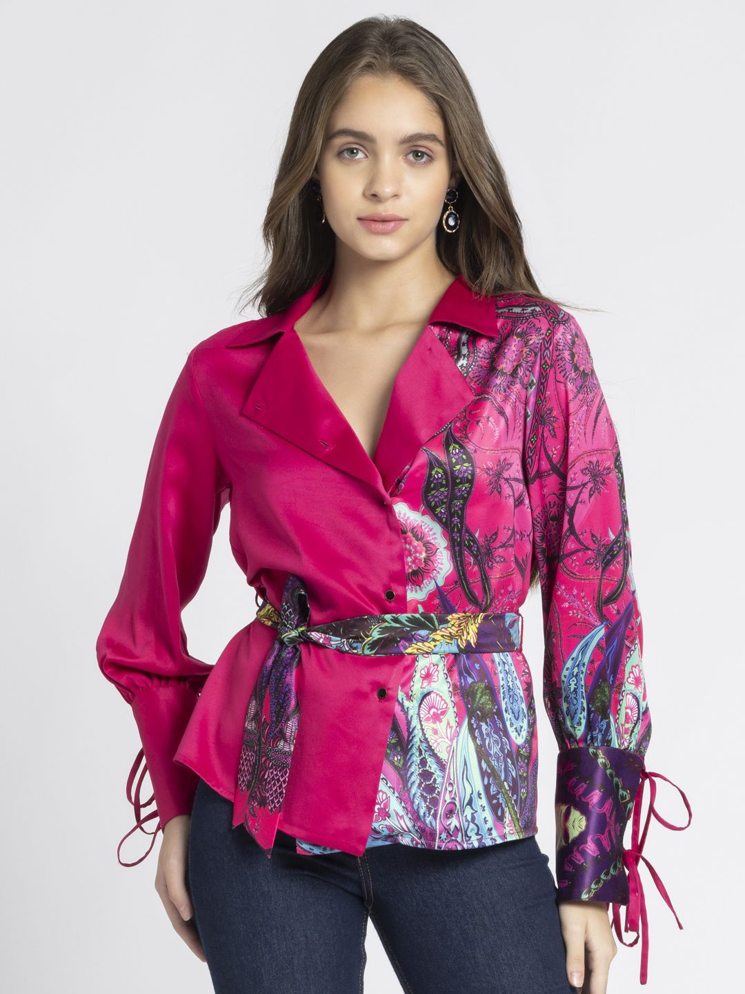 

SHAYE Women Smart Floral Printed Opaque Party Shirt With Belt, Magenta