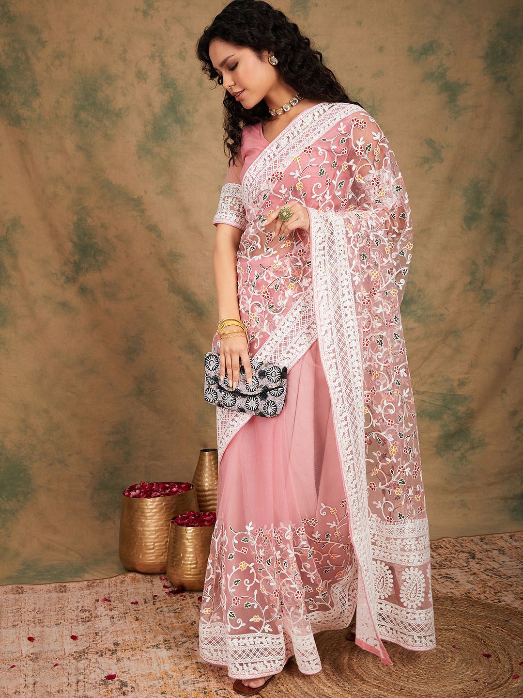 

SHADOW & SAINING Floral Embroidered Beads and Stones Net Saree, Pink