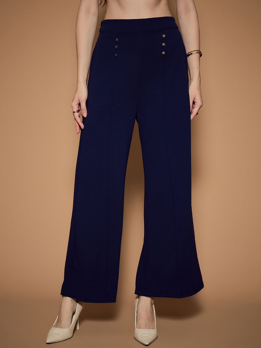 

URBANGRACE BY KASSUALLY Women Relaxed Straight Fit Mid-Rise Easy Wash Trousers, Navy blue
