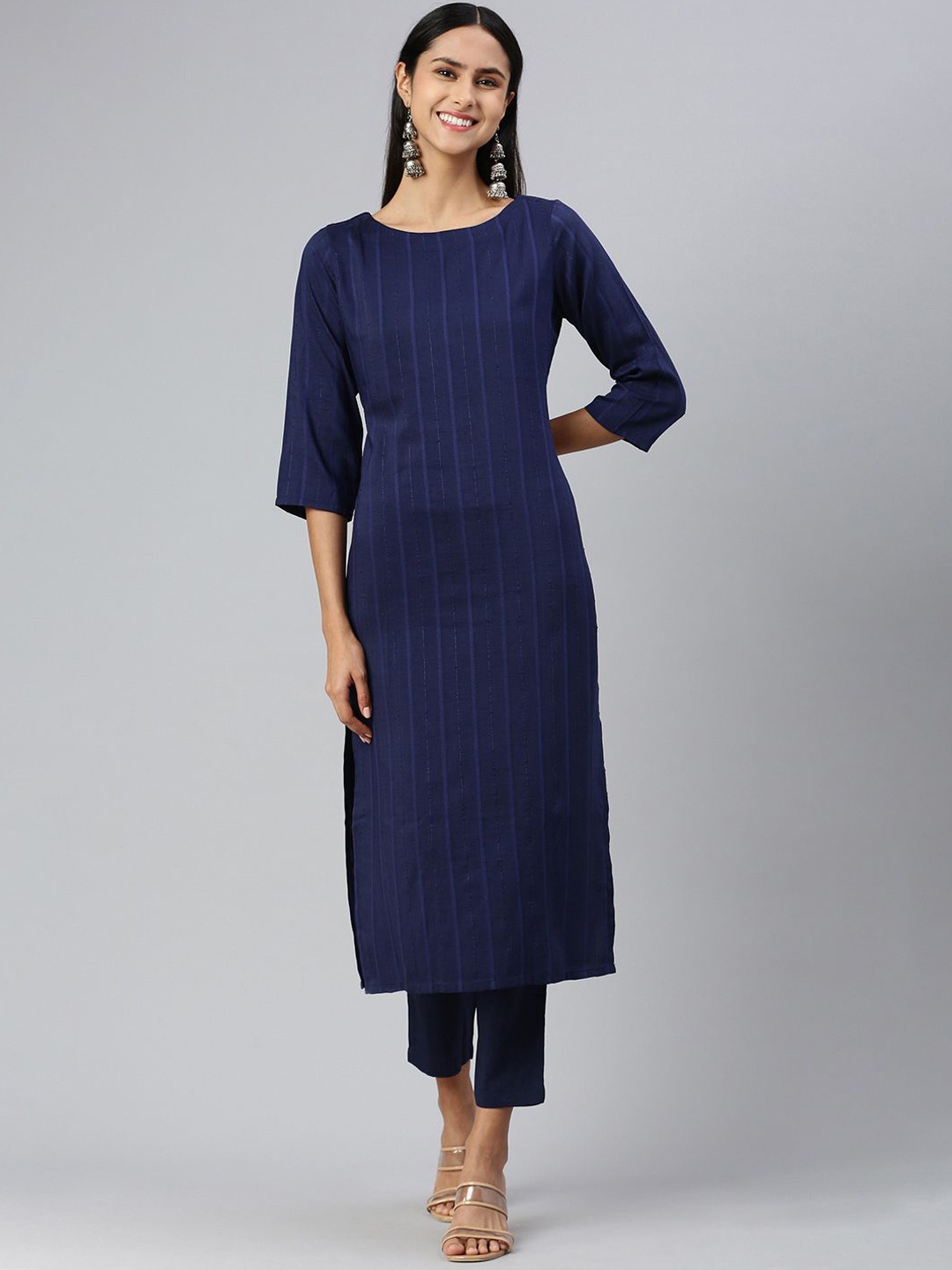 

KALINI Striped Round Neck Straight Kurta With Trousers, Navy blue