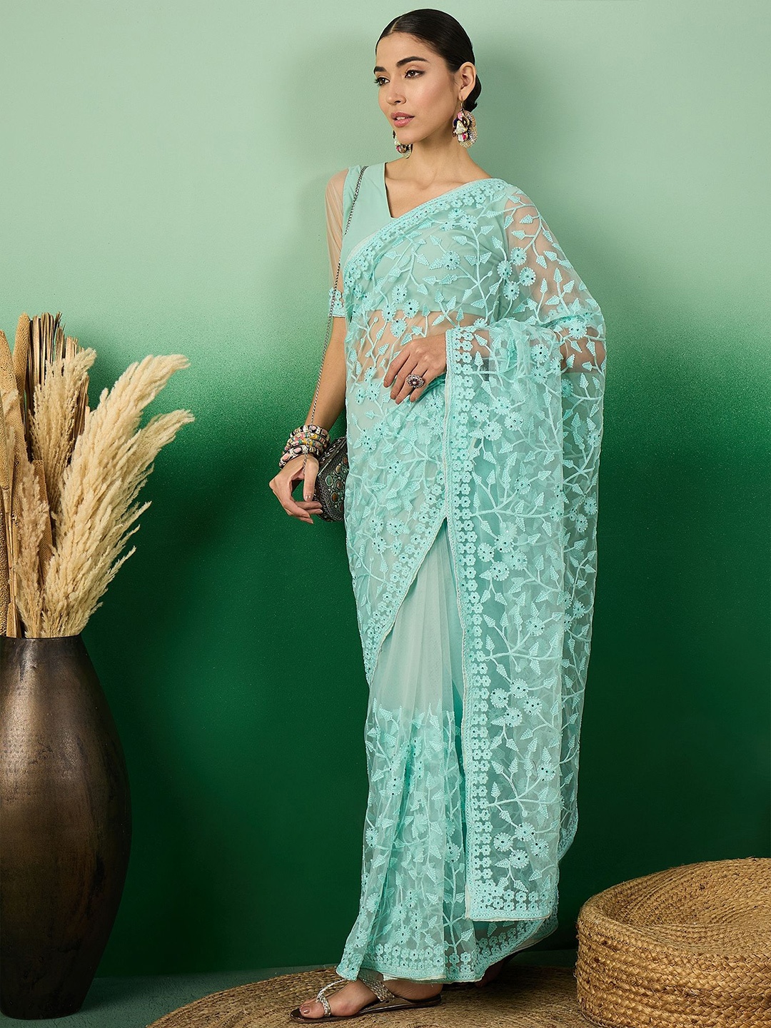 

SHADOW & SAINING Embellished Beads and Stones Net Designer Saree, Sea green