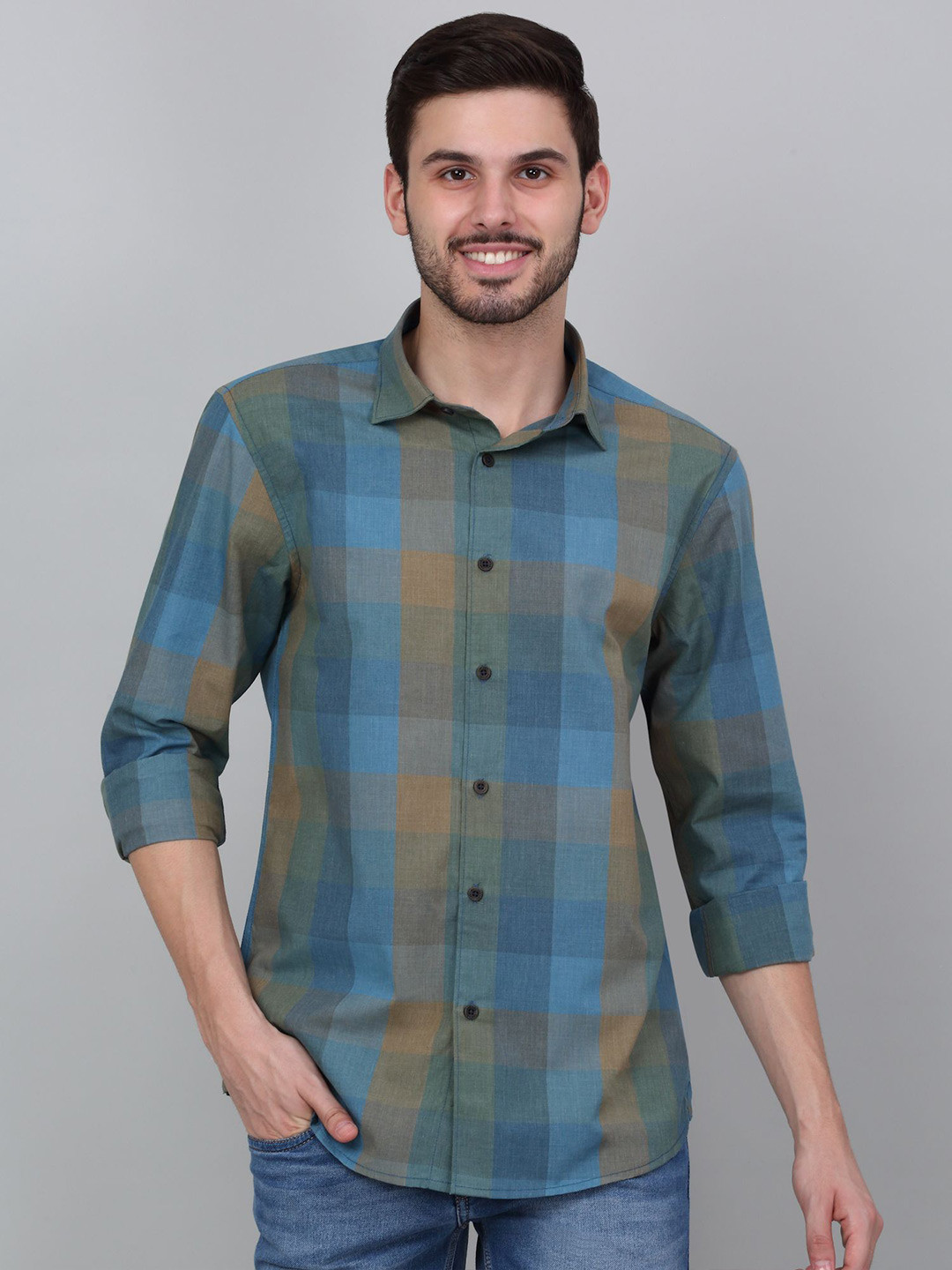 

Cantabil Men Spread Collar Tartan Checked Cotton Casual Shirt, Green