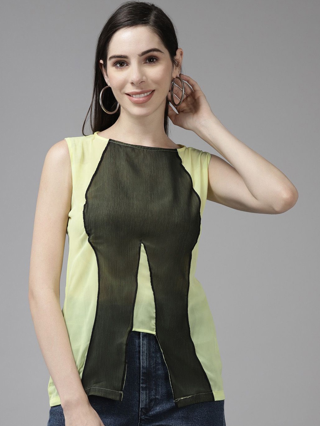 

BAESD Women Colourblocked Round Neck Top, Olive