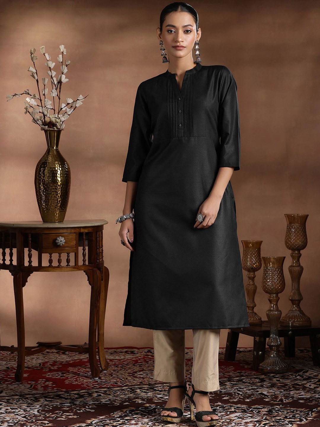 

Libas Mandarin Collar Three Quarter Straight Kurta, Black