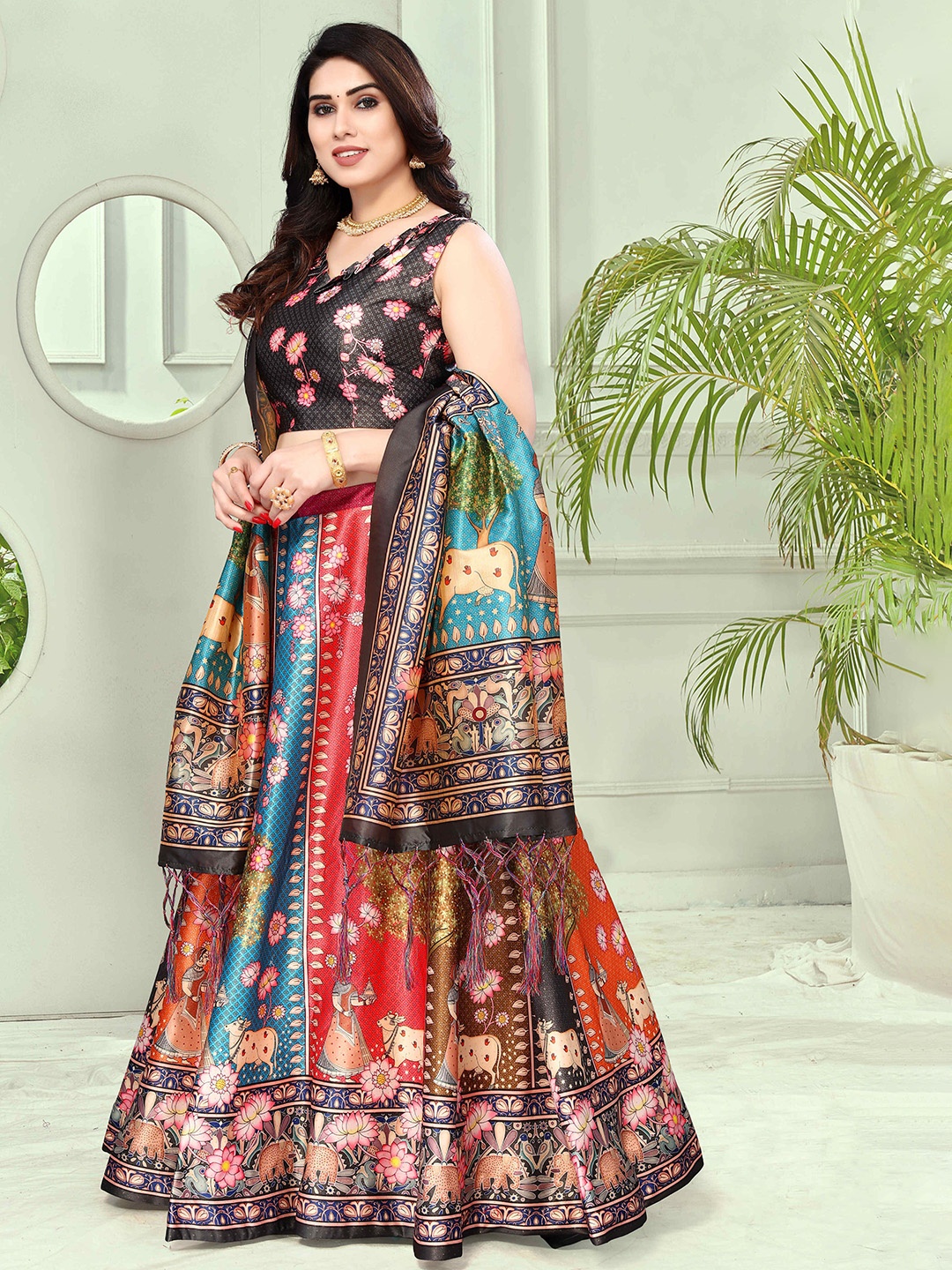 

Kaizen TEXO FAB Printed Satin Semi-Stitched Lehenga & Unstitched Blouse With Dupatta, Grey