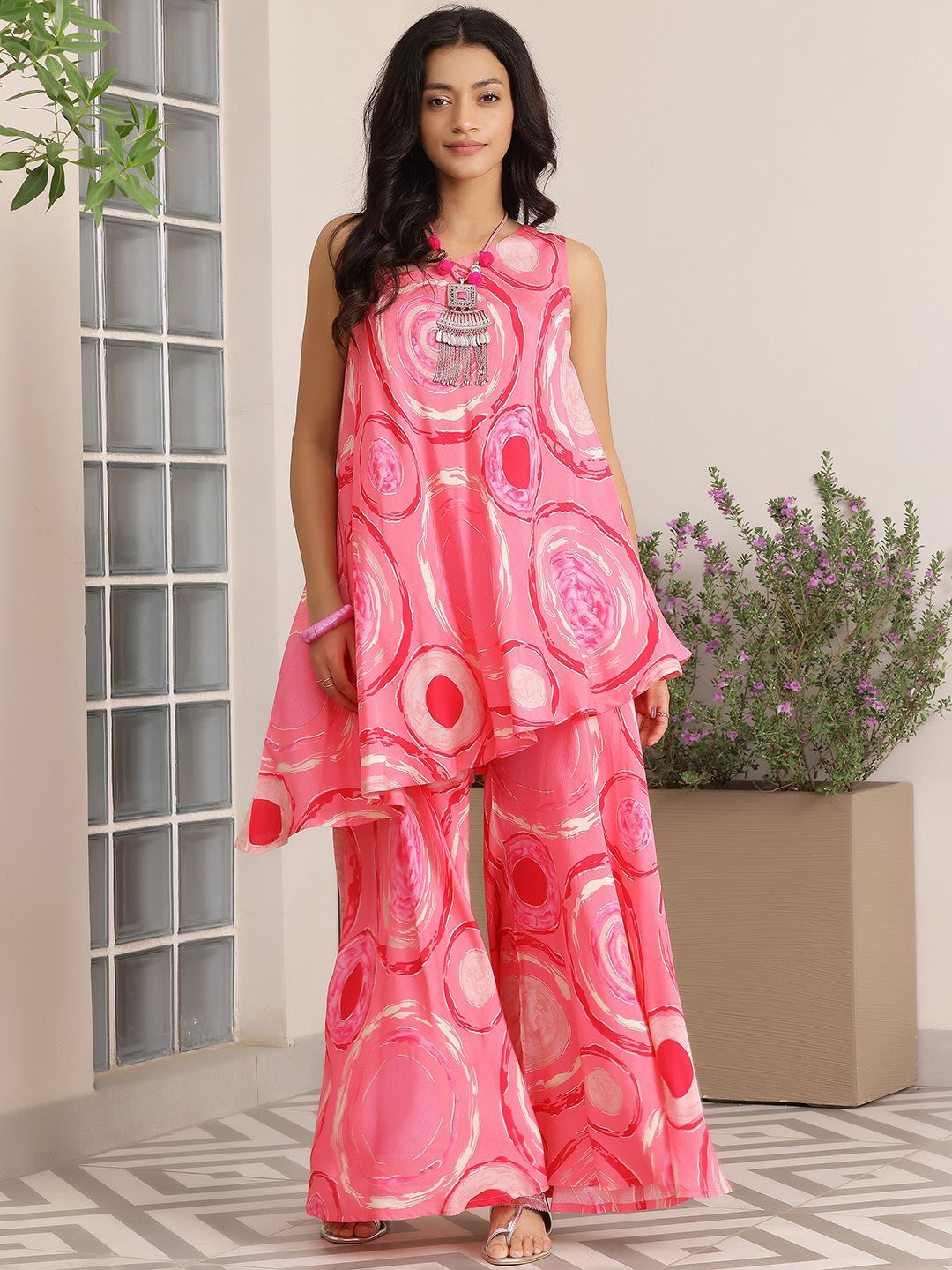 

Libas Printed One Shoulder Tunic Top With Palazzos, Pink