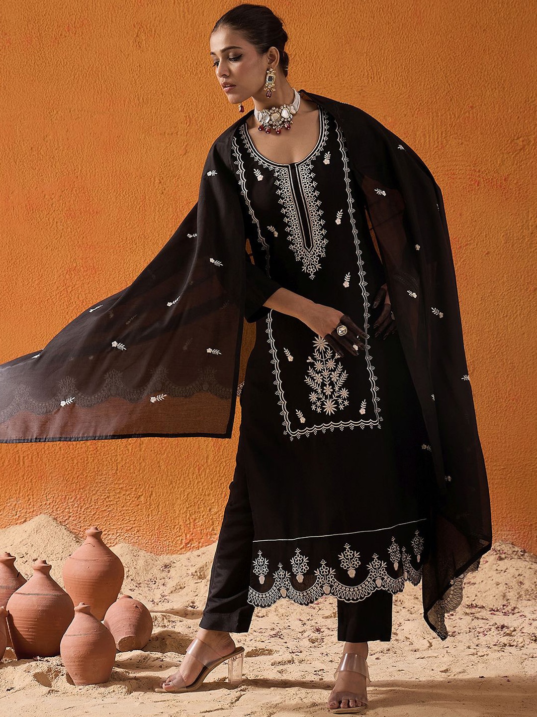 

Indo Era Floral Embroidered Straight Thread Work Kurta with Trousers & Dupatta, Black