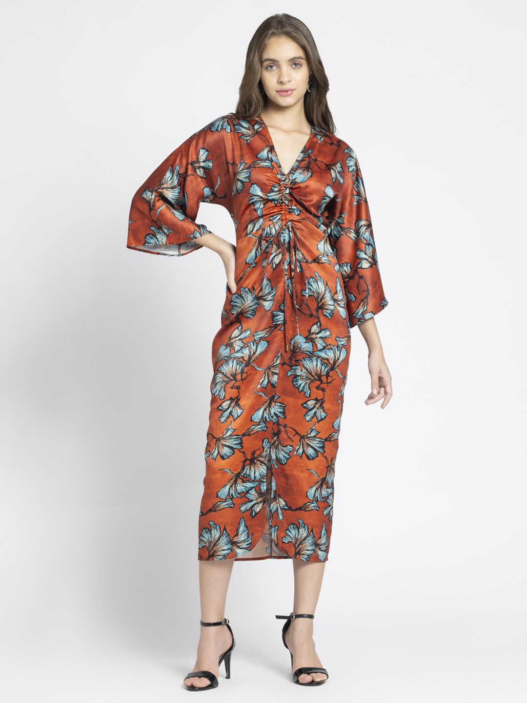 

SHAYE Women Floral Printed Flared Sleeve Satin Midi A-Line Dress, Brown