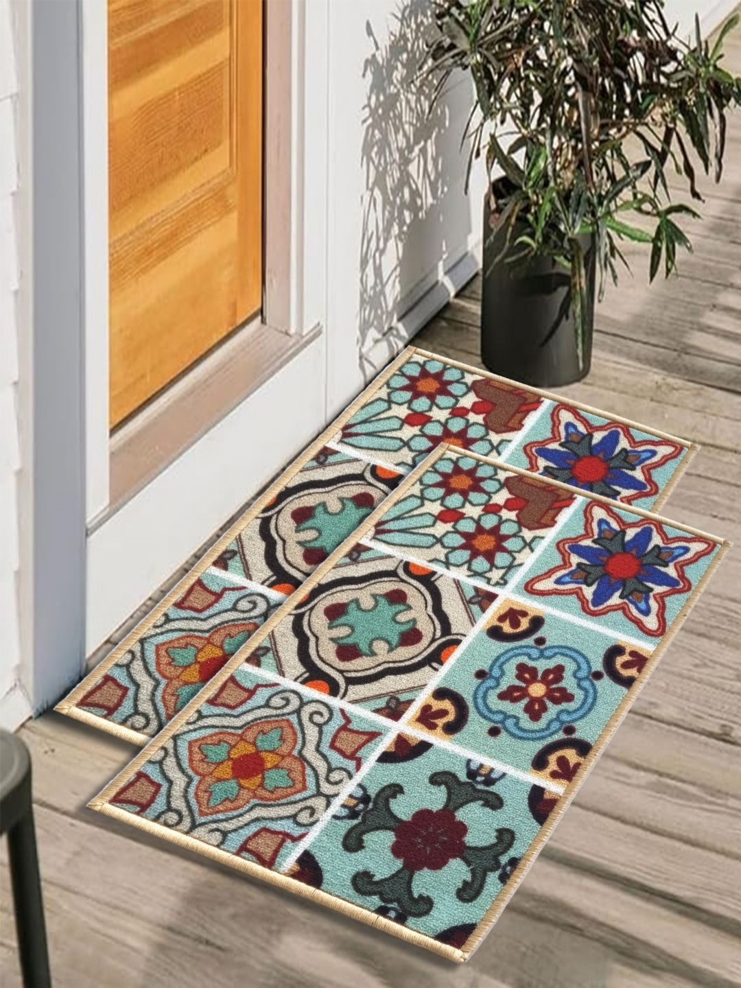 

Matz and More Turquoise Blue & Red 2 Pieces Floral Printed Rectangle Anti-Skid Doormats