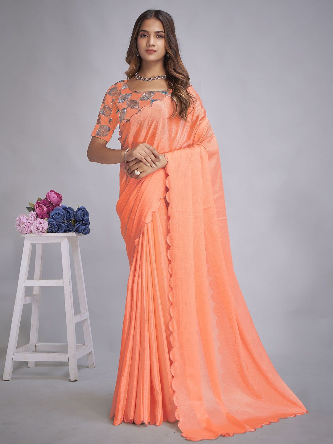 

LADY SHOPI Solid Embroidered Pure Chiffon Saree, Orange