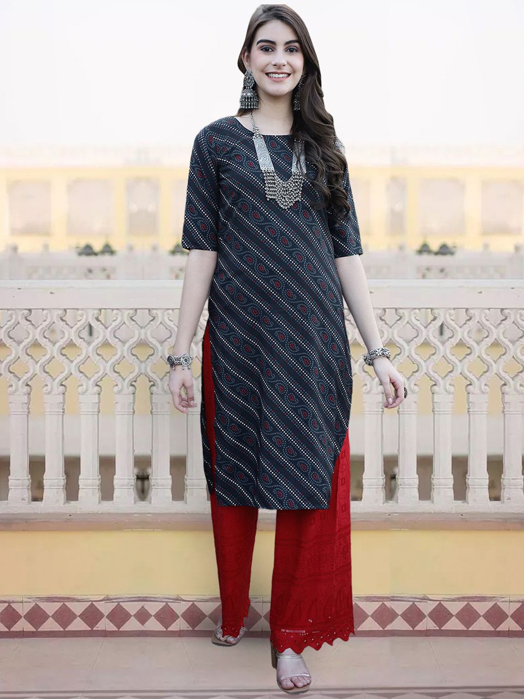

KALINI Ethnic Motifs Printed Round Neck Straight Kurta, Blue