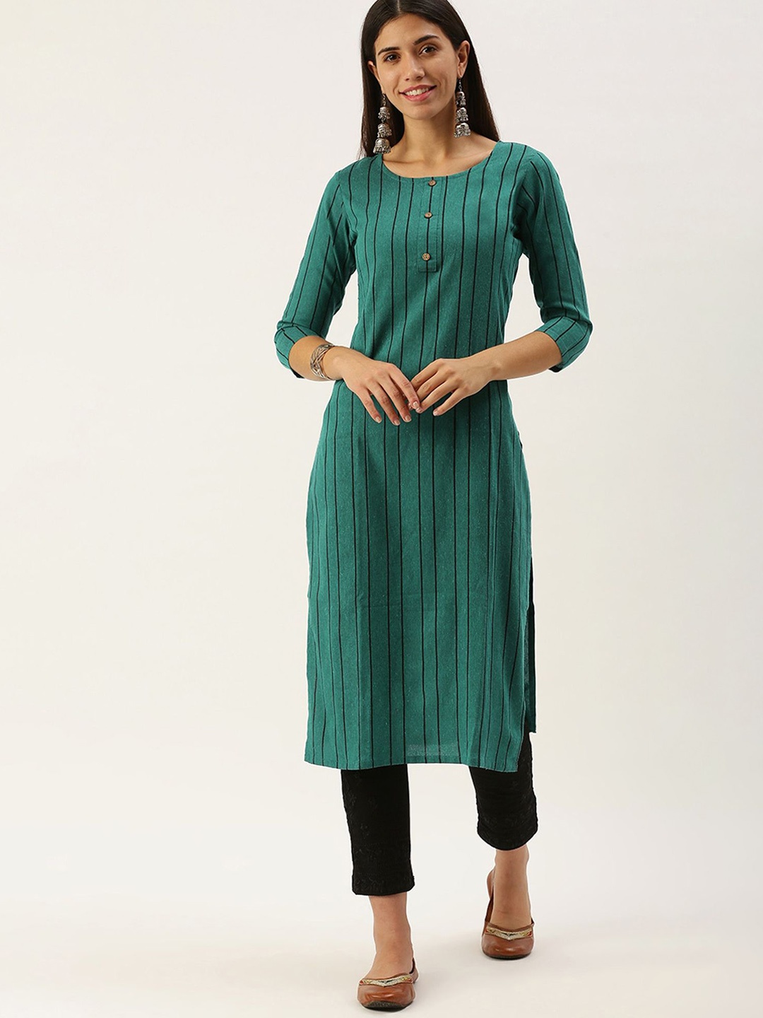 

KALINI Striped Printed Round Neck Straight Kurta, Green