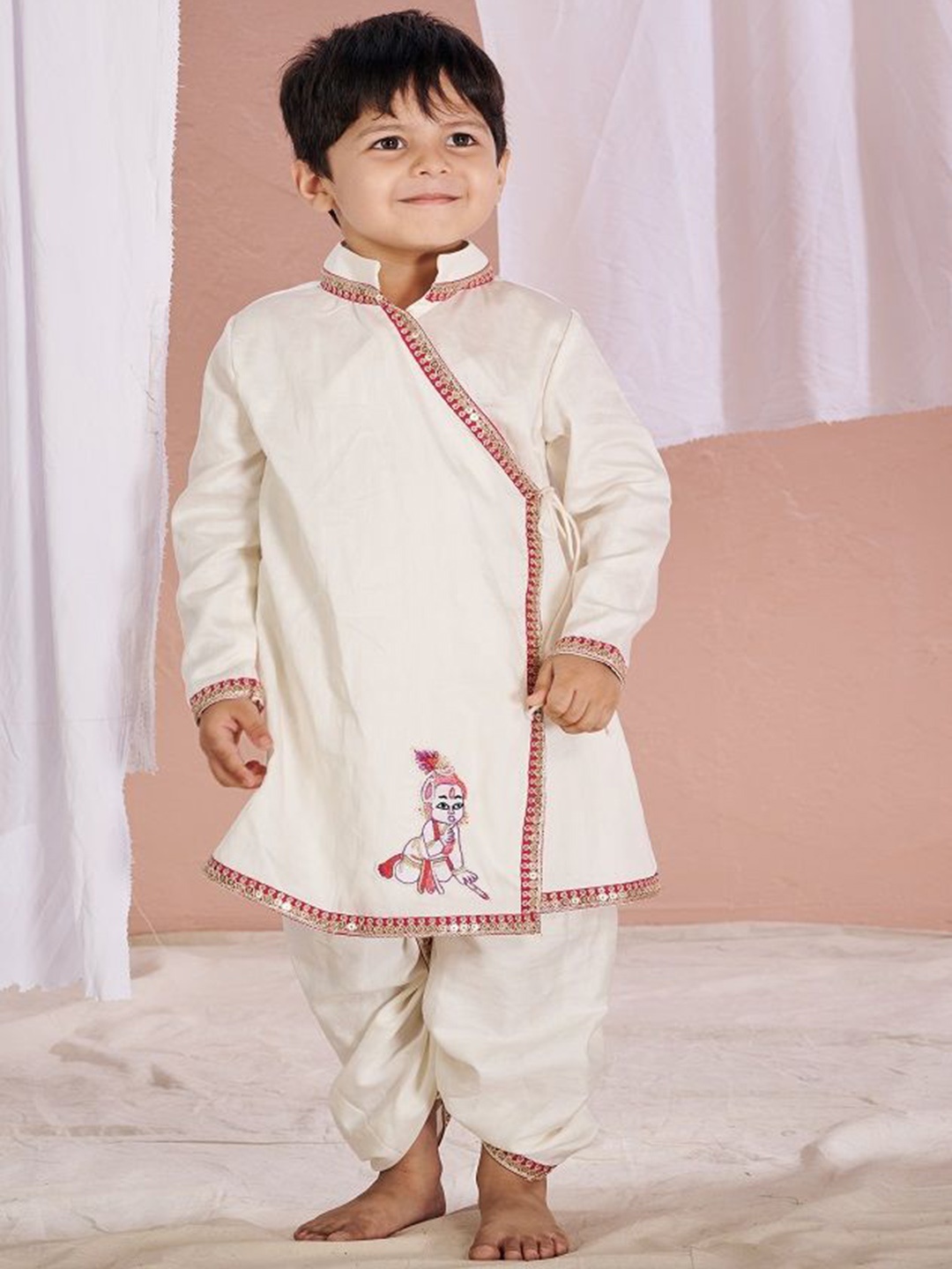 

Vivedkids Boys Embroidered Angrakha Beads & Stones Linen Kurta With Dhoti Pants, White