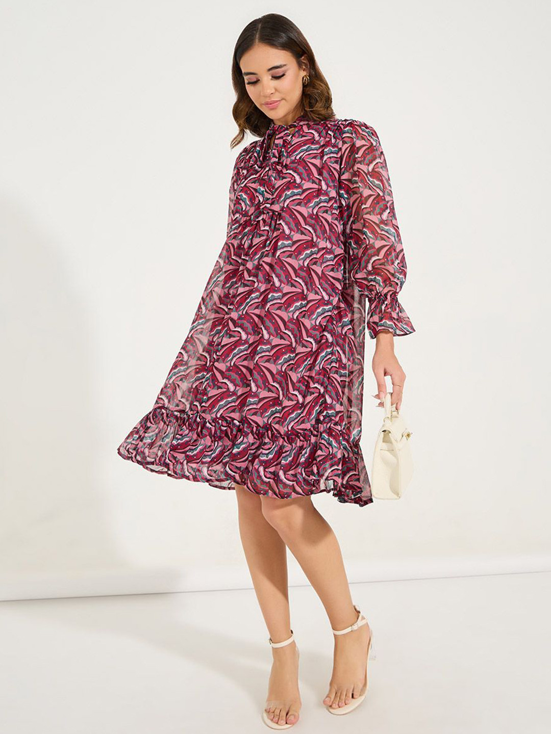 

Styli Pink Women Printed Tie-Up Neck A-Line Dress