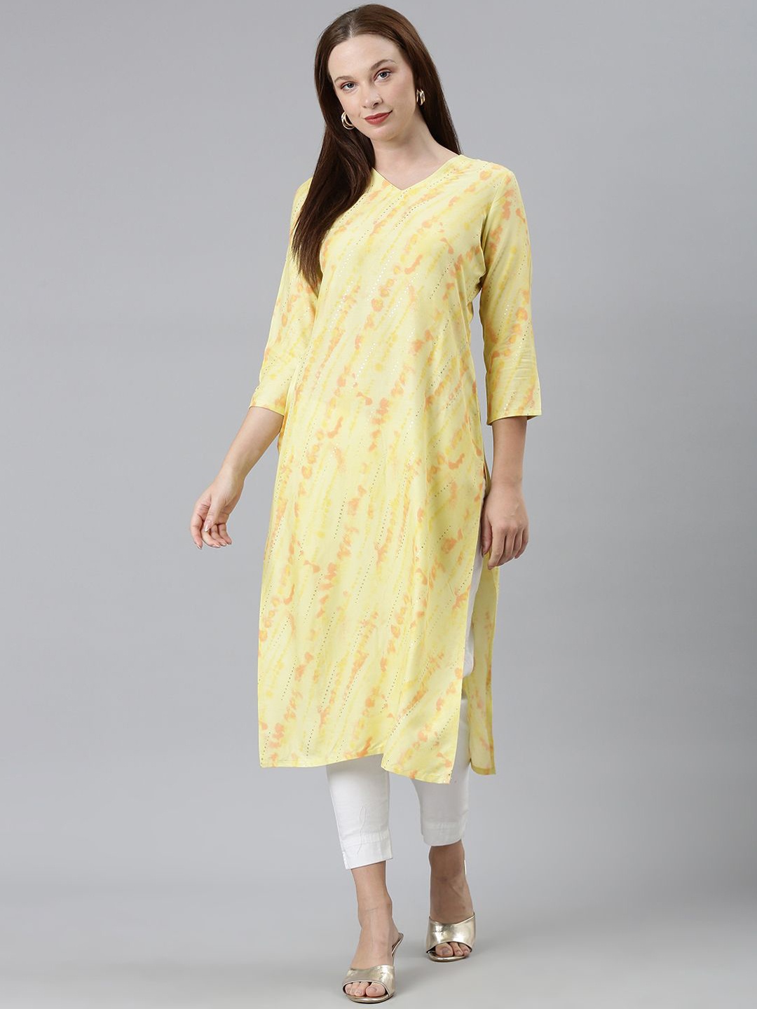 

KALINI Dyed V-Neck Straight Kurta, Yellow