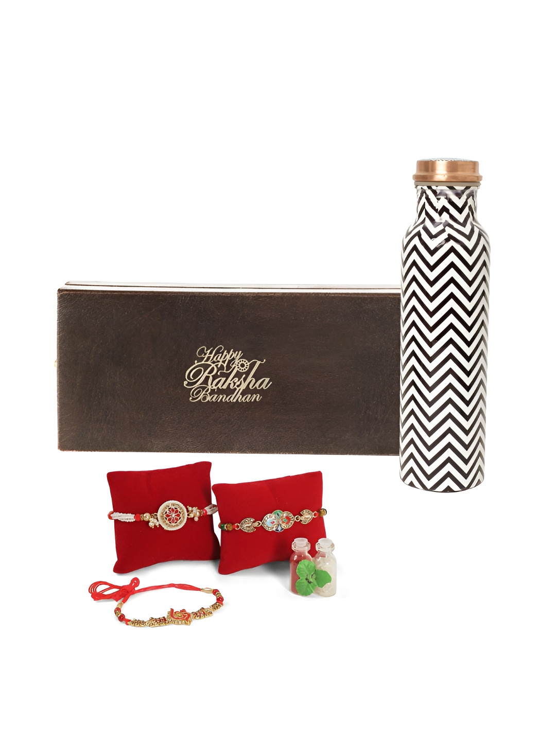 

INTERNATIONAL GIFT Set Of 4 Beaded Rakhis With Water Bottle & Roli Chawal, Black