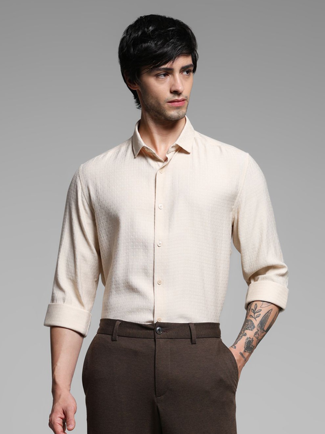 

Jack & Jones Men Spread Collar Solid Slim Fit Casual Shirt, Beige