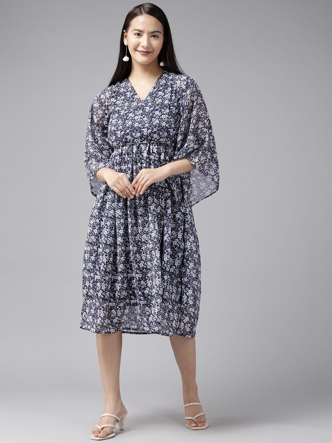 

BAESD Floral Printed Flared Sleeve Fit & Flare Midi Dress, Navy blue