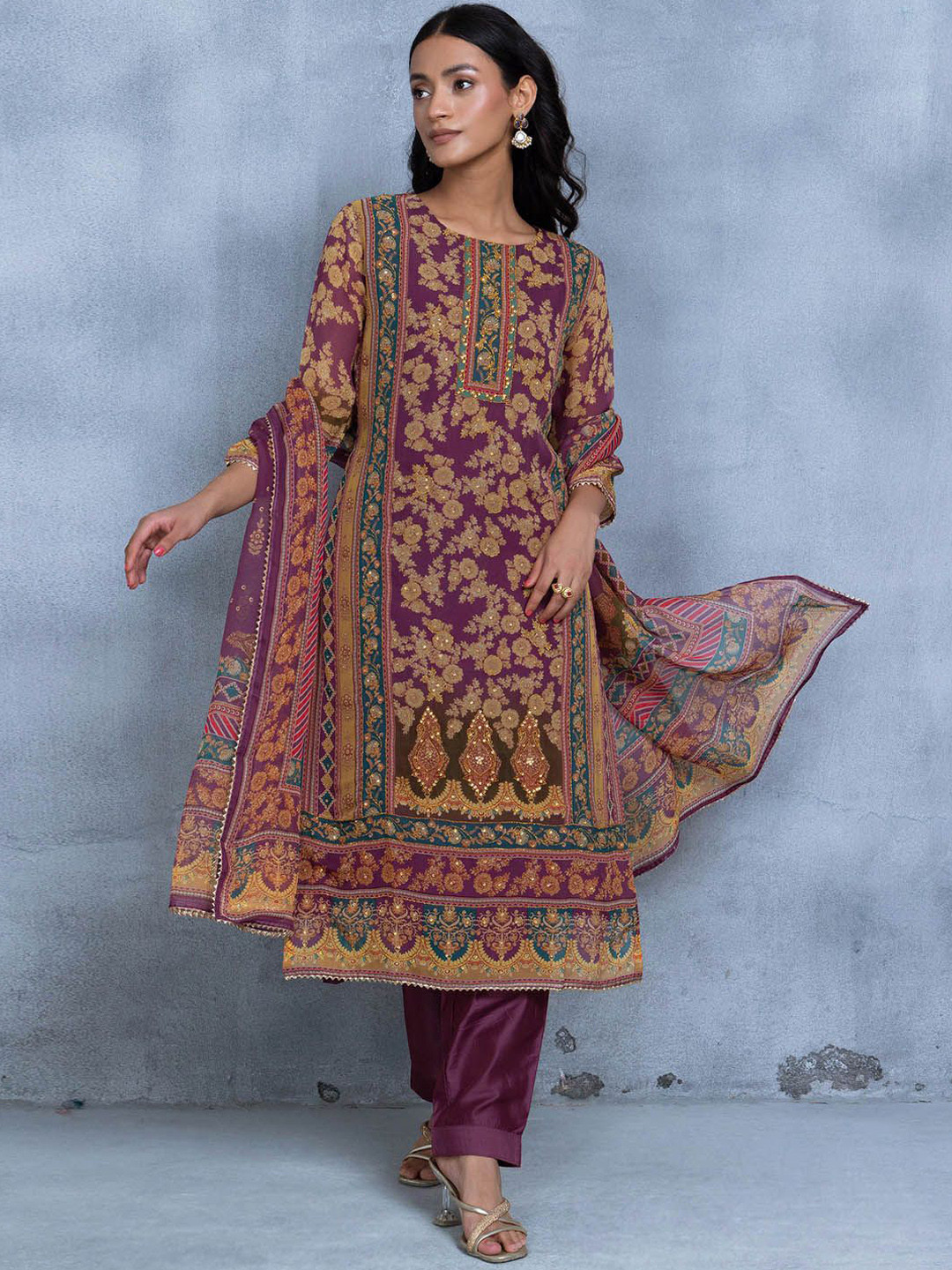

Rang by Indya Floral Printed Mukaish Straight Kurta with Trousers & Dupatta, Purple