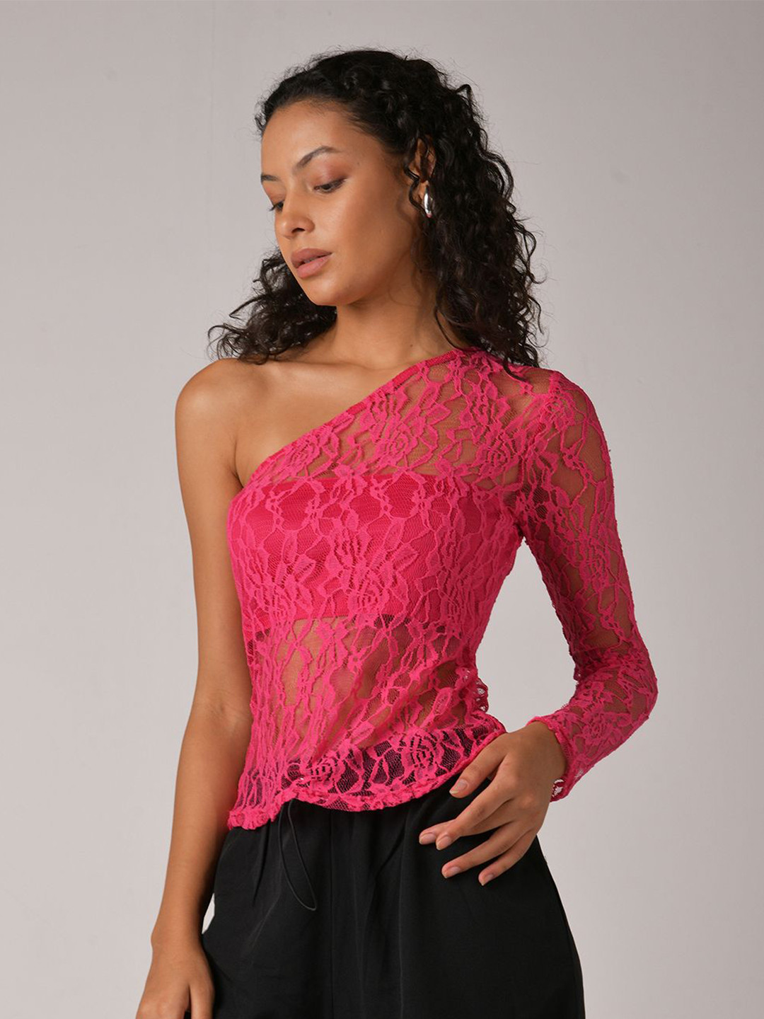 

IZF One Shoulder Lace Top With Bandeau, Pink