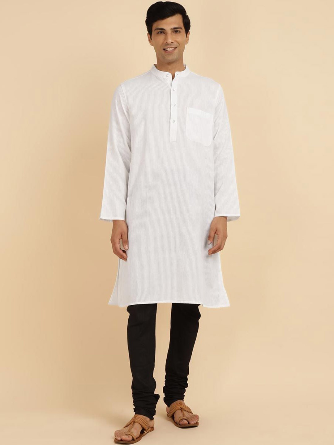 

Fabindia Comfort Fit Striped Band Collar Pure Cotton Straight Kurta, White