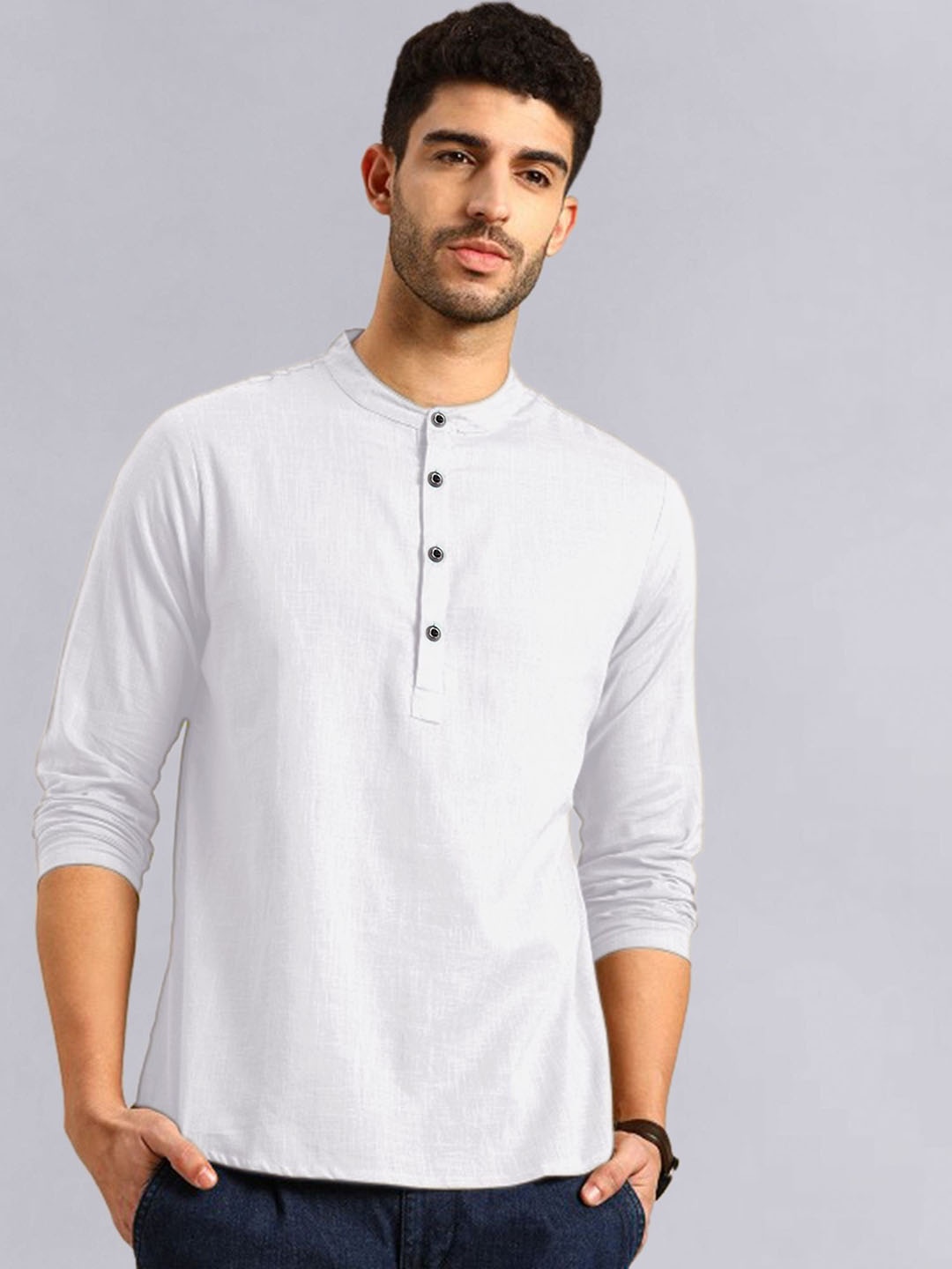 

ADWYN PETER Mandarin Collar Pure Cotton Straight Kurta, White