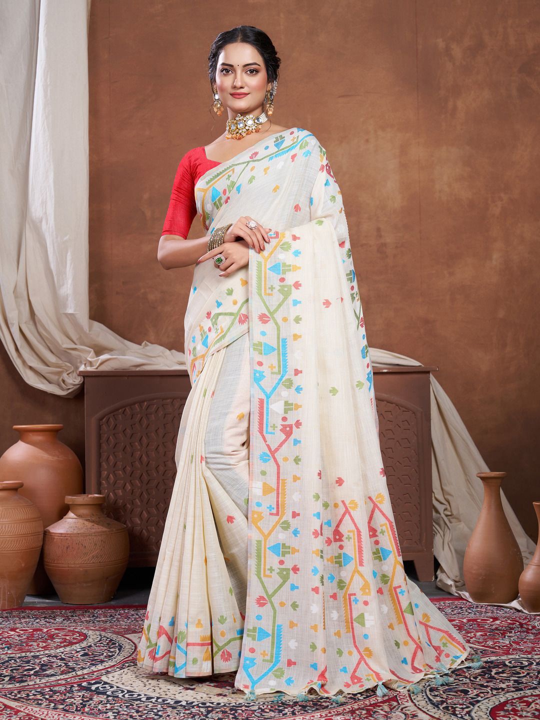 

GAJARAI Woven Design Jamdani Saree, Cream