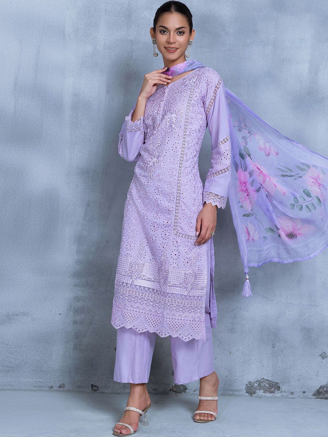 

Rang by Indya Floral Embroidered Thread Work Pure Cotton Kurta with Trousers & Dupatta, Purple