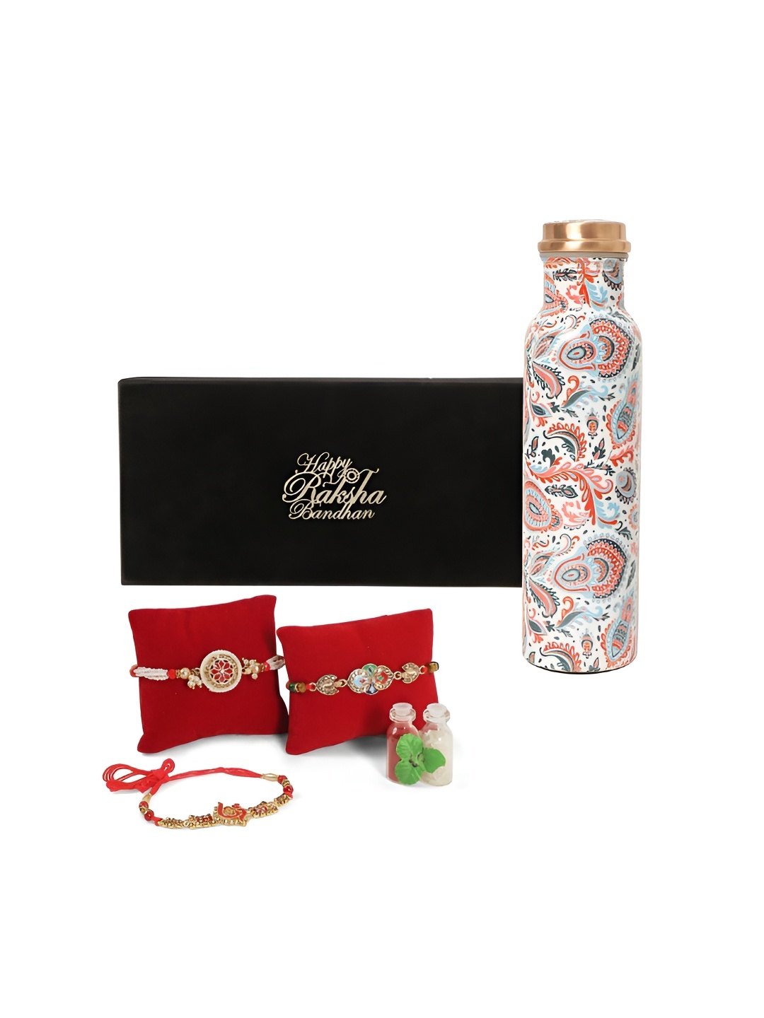

INTERNATIONAL GIFT Set Of 3 Rakhis With Copper Water Bottle & Roli Chawal, White