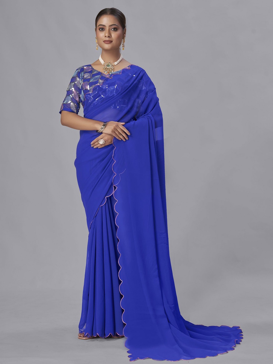

LADY SHOPI Solid Embroidered Pure Georgette Saree, Blue