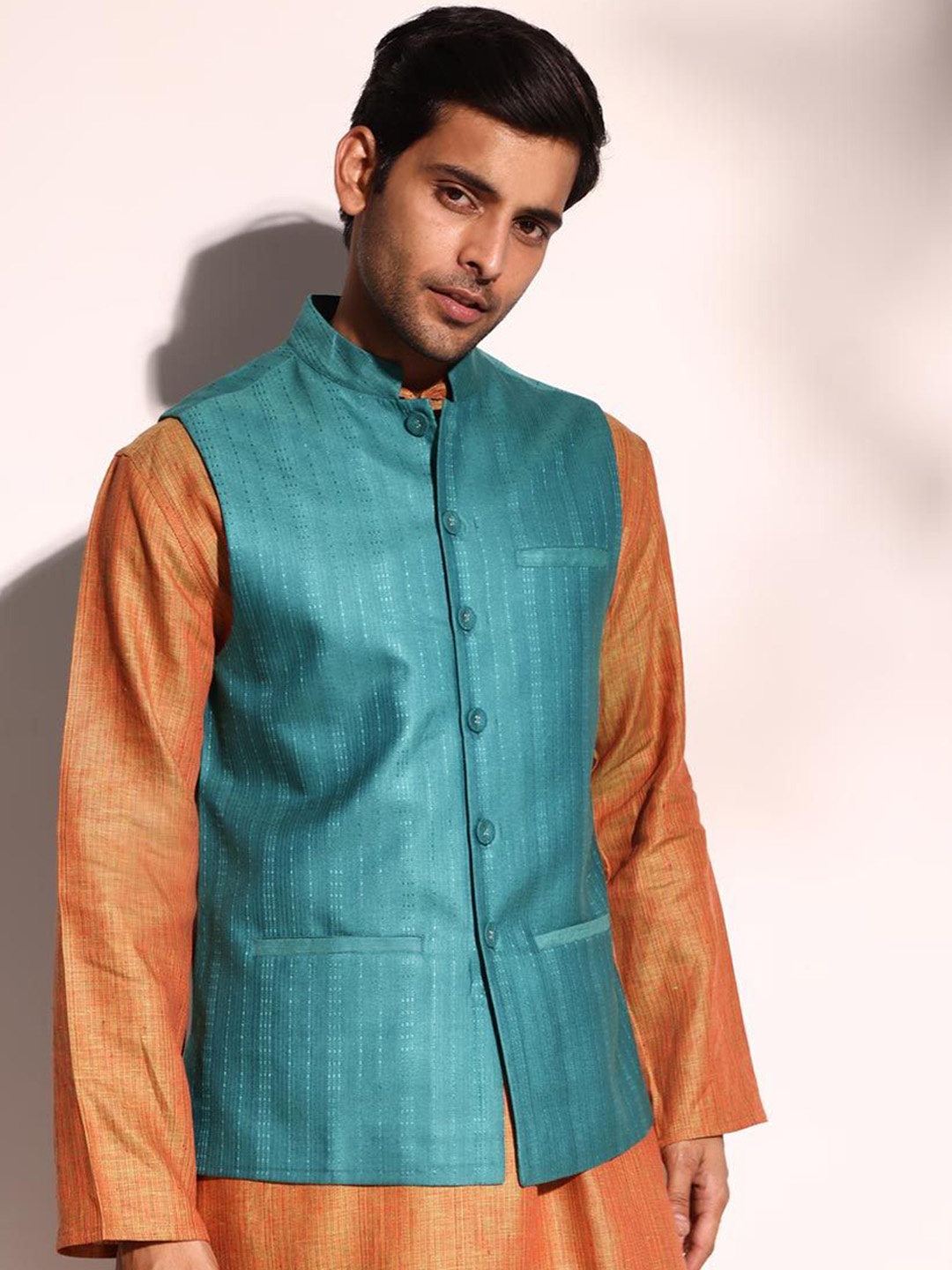 

Fabindia Woven Design Nehru Jackets, Teal