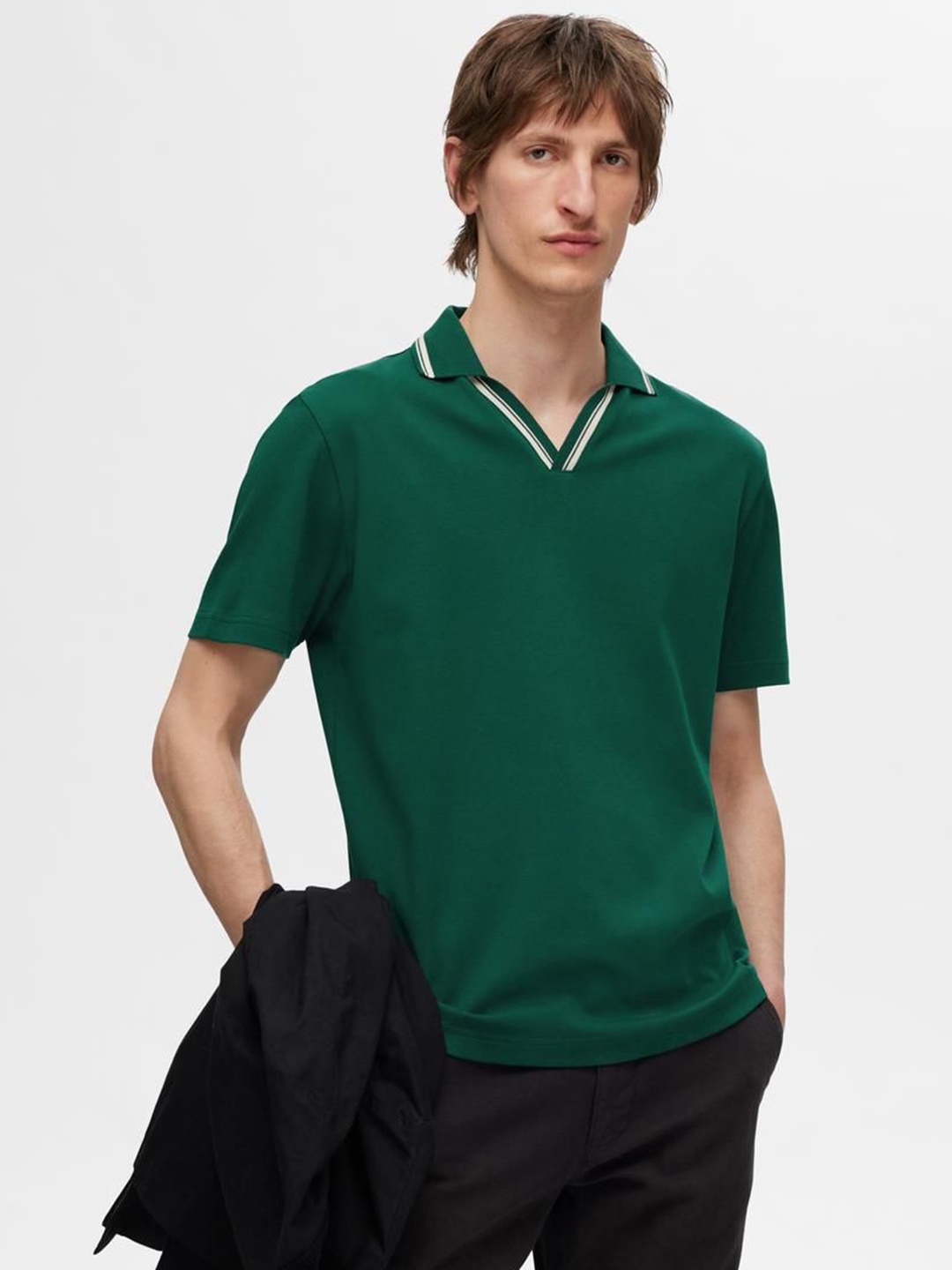 

SELECTED Men Solid Polo Collar Cotton T-Shirt, Green