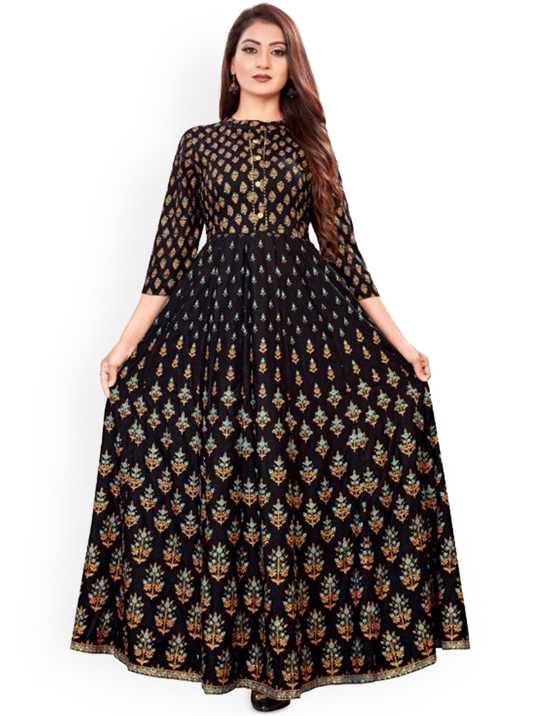 

KALINI Floral Printed Fit & Flared Maxi Ethnic Dress, Black