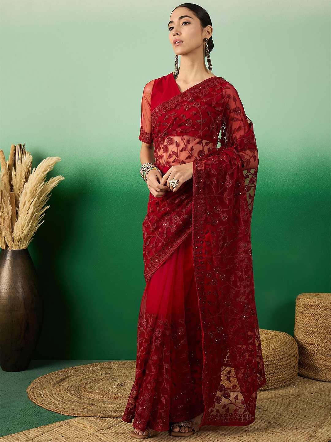 

SHADOW & SAINING Embellished Net Saree, Maroon