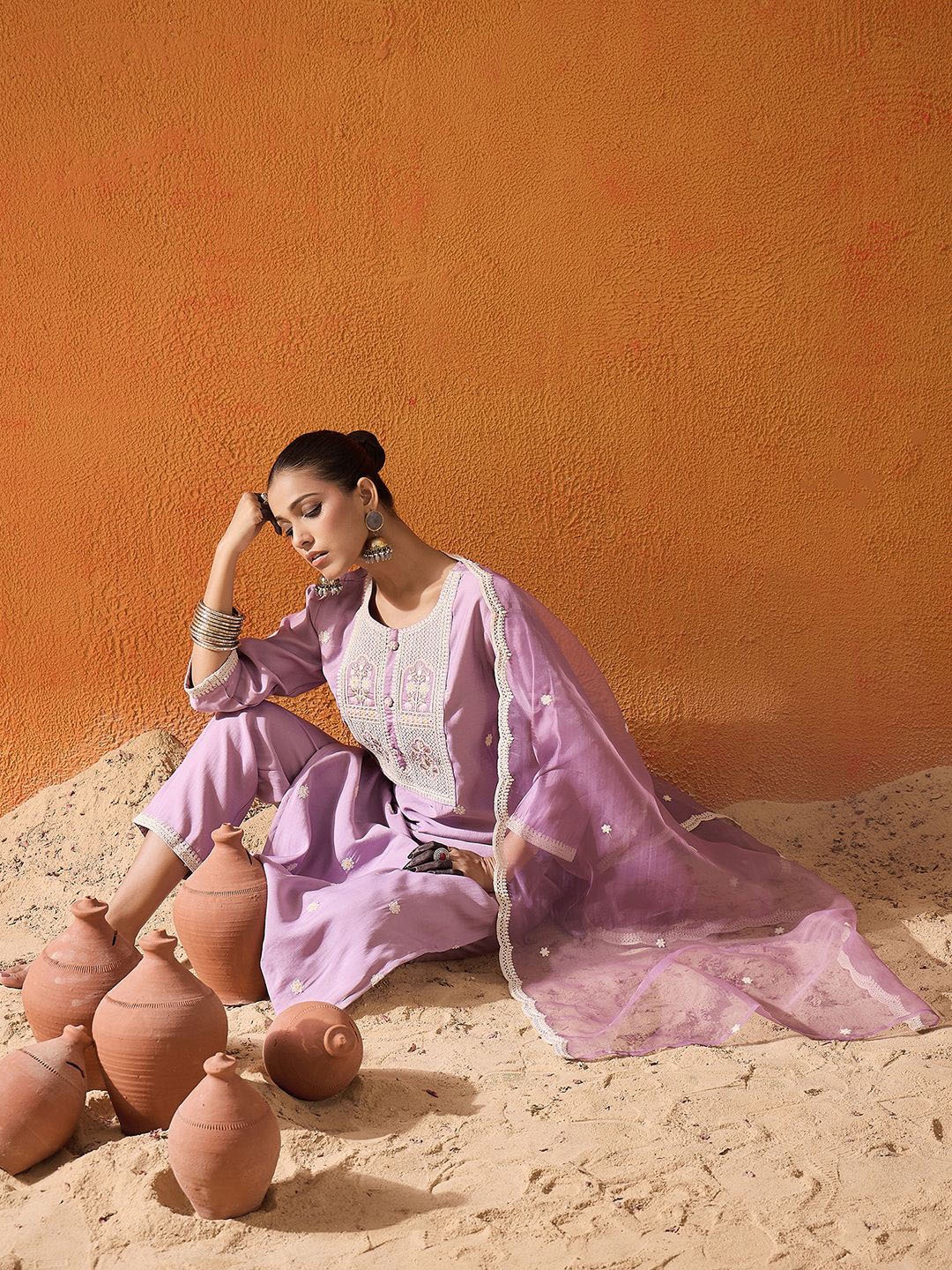 

Indo Era Ethnic Motifs Embroidered Thread Work Straight Kurta With Trousers & Dupatta, Lavender