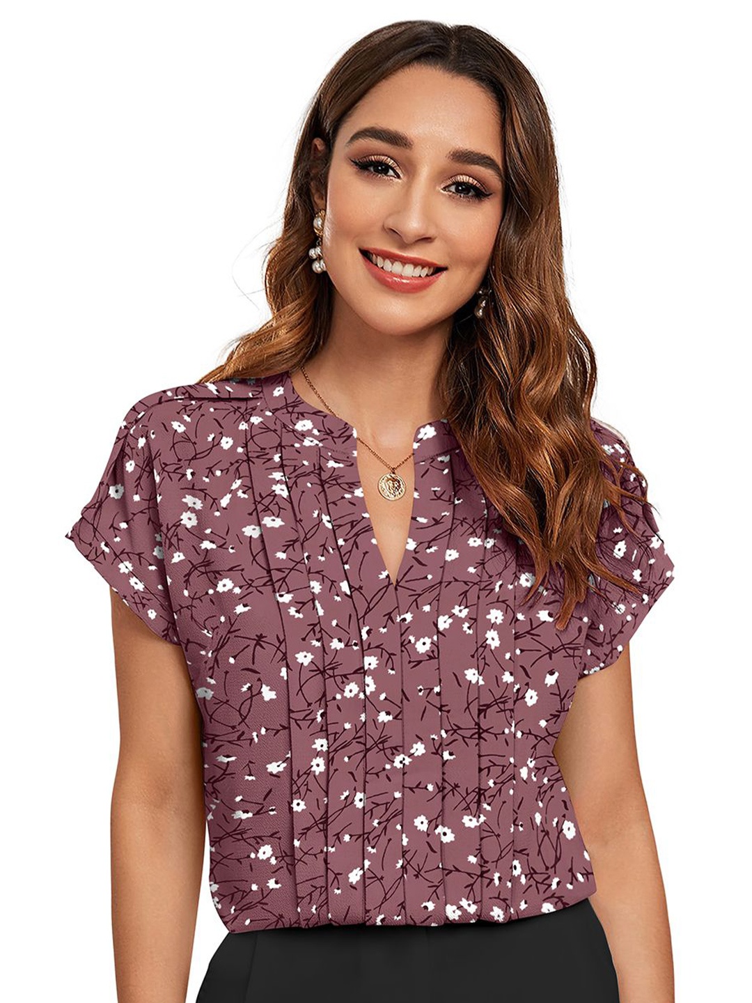 

Sitanjali Women Floral Printed Mandarin Collar Cotton Top, Mauve