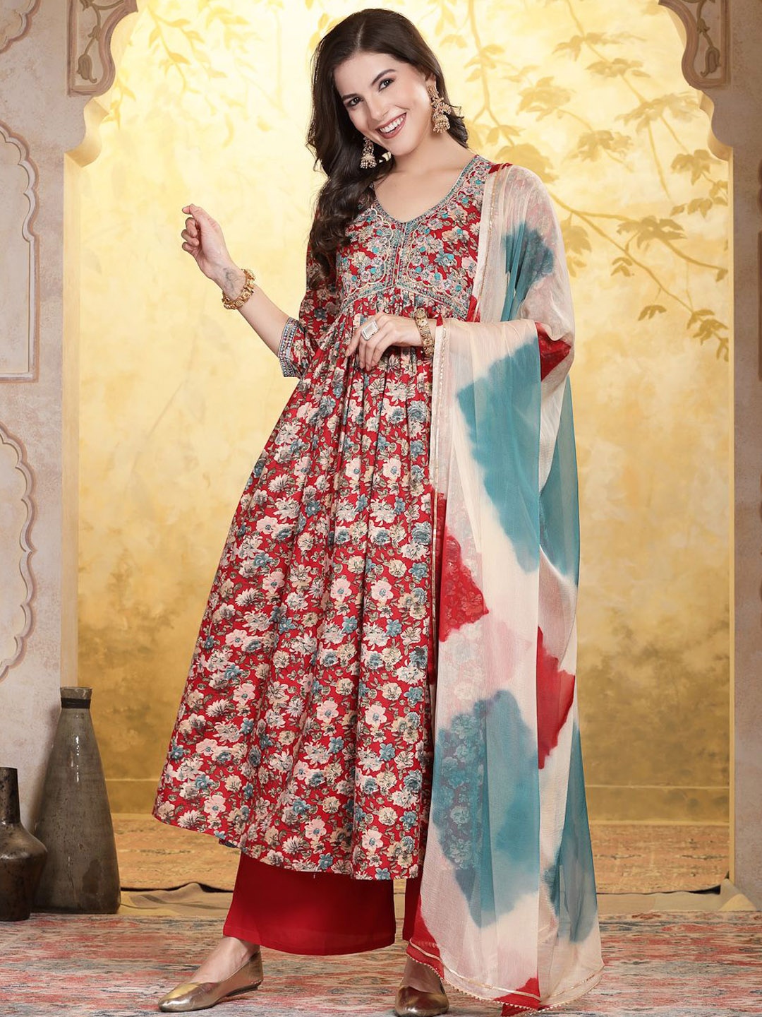 

Stylum Red Floral Printed Empire Thread Work Kurta With Palazzos & Dupatta