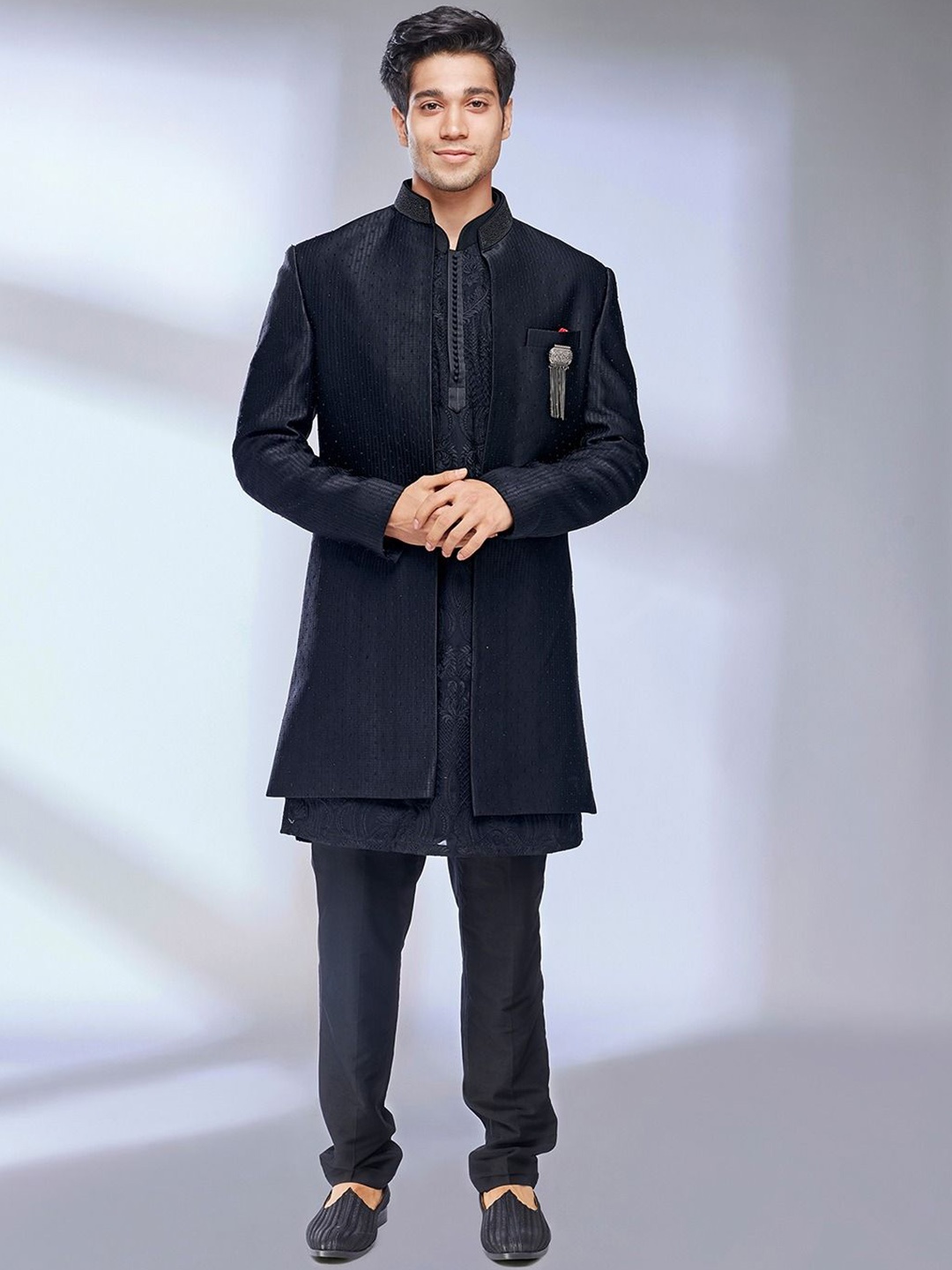 

Twamev Embroidered Zari Mandarin Collar Sherwani Set, Black