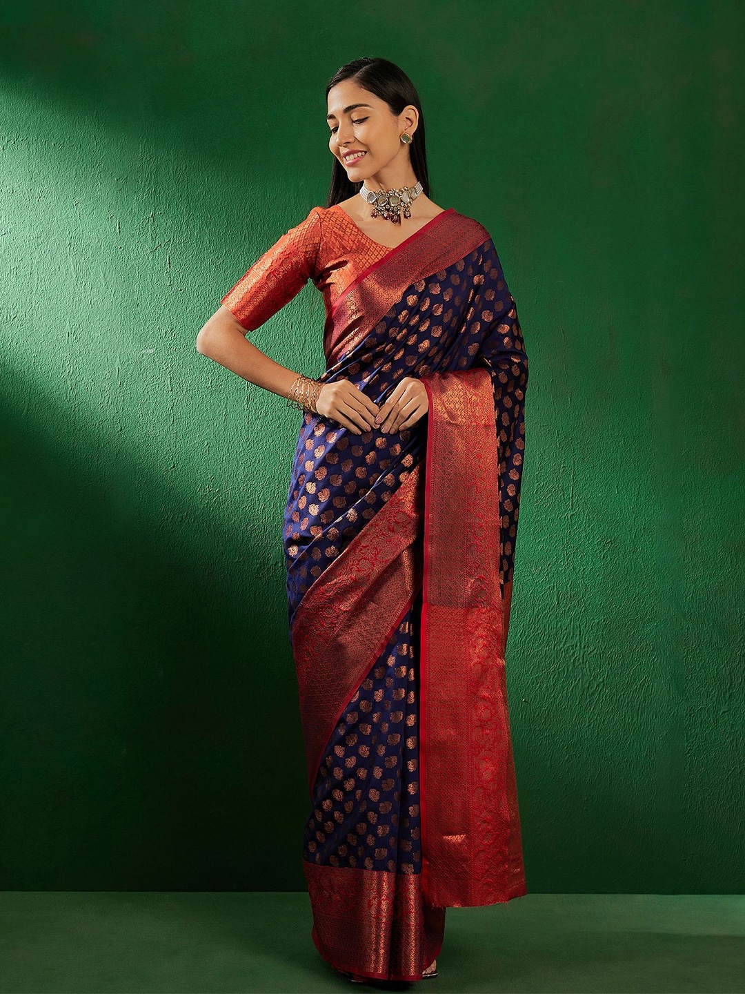

SHADOW & SAINING Woven Design Zari Silk Blend Banarasi Saree, Navy blue