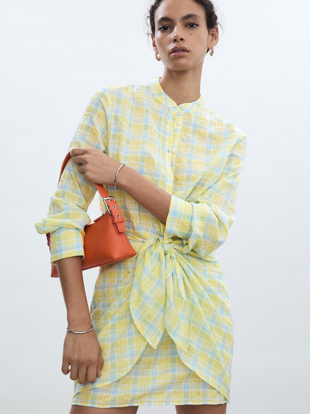 

MANGO Checked Layered Front Bow Shirt Dress, Yellow