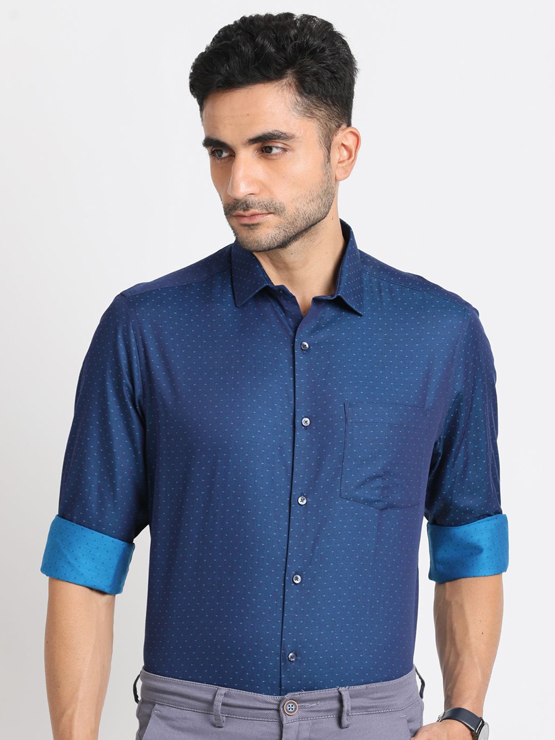 

Turtle Men Standard Spread Collar Micro Ditsy Printed Cotton Formal Shirt, Blue