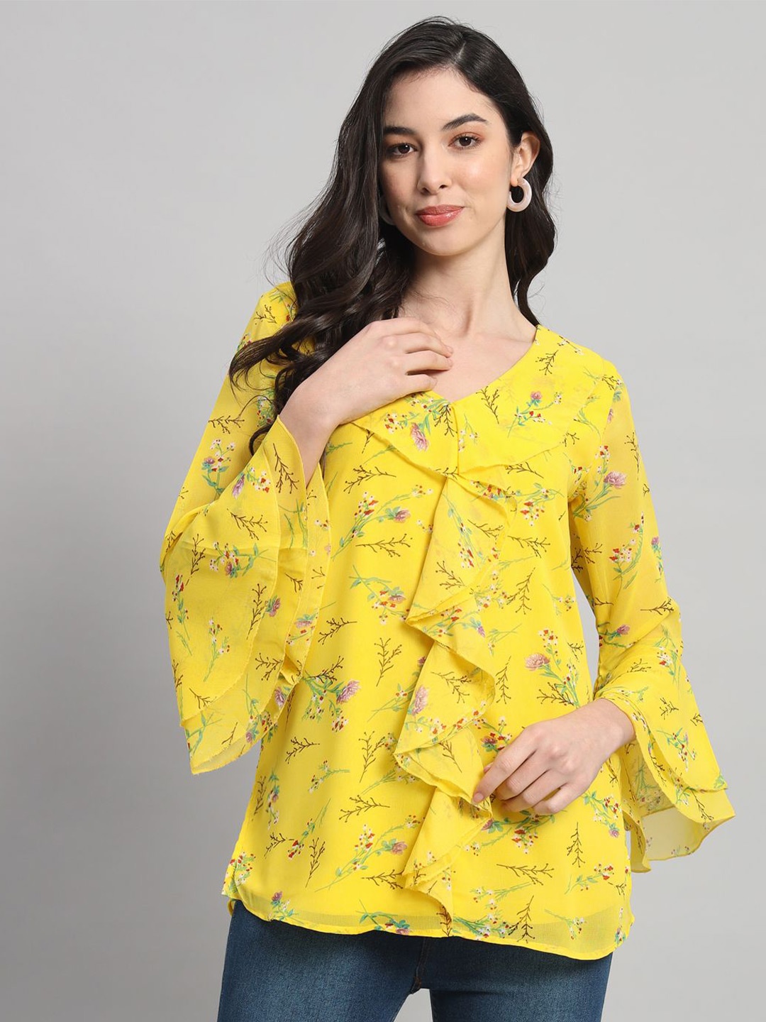 

Curvydrobe Women Floral Printed V-Neck Top, Yellow