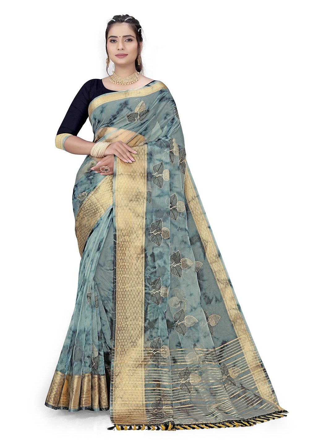 

Pemal Designer Tie and Dye Embroidered Organza Saree, Grey