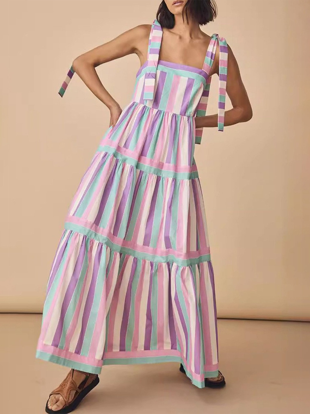 

LULU & SKY Striped Shoulder Straps Tiered Maxi Dress, Purple